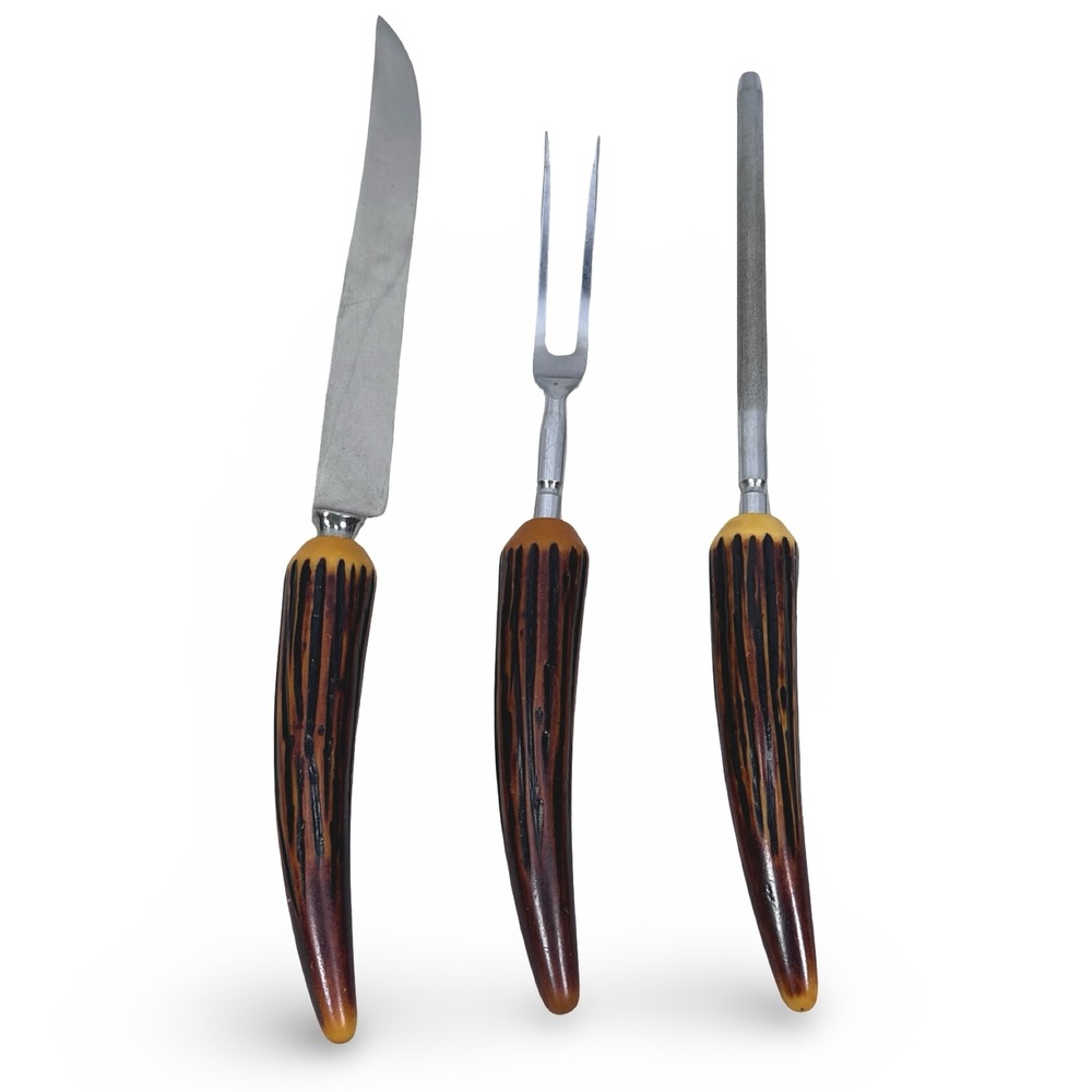 Vintage Crown Crest Sheffield England Carving Set 3 Butterscotch Bakelite Horn
